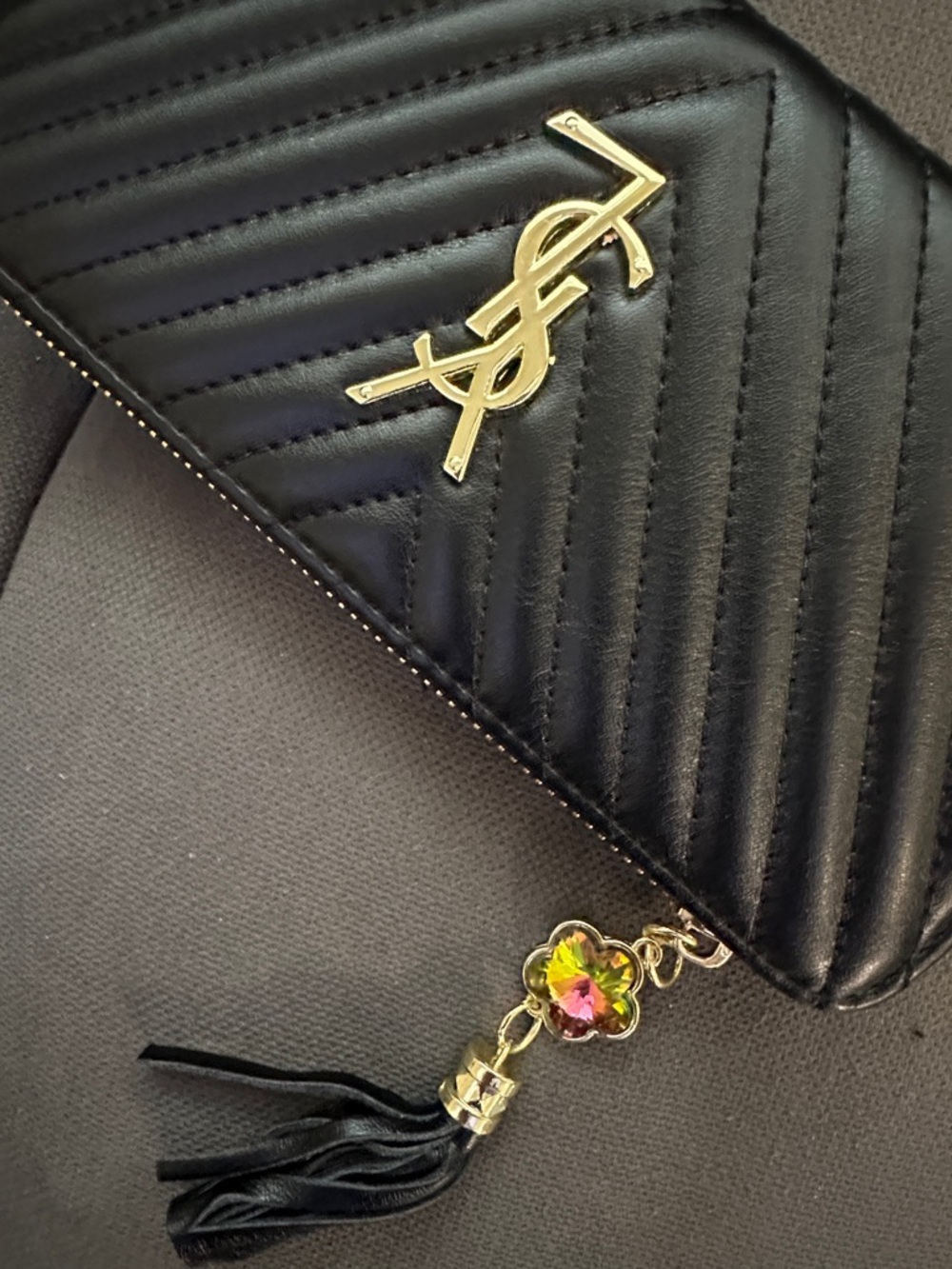 Saint Laurent Black Chevron Quilted Zip-Around Wallet with Gold YSL Emblem - Picture 9 of 9